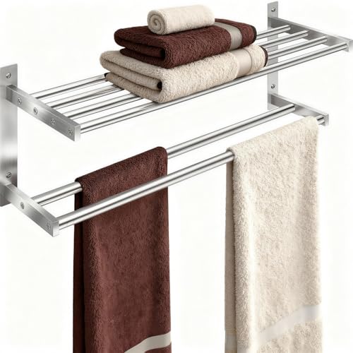 Taaji Towel Racks for Bathroom 24 inch 2 Tier Bathroom Shelf with Double Towel Bar Stainless Steel Wall Mounted Towel Rack with Shelf for Bathroom Towels Storage Brushed Nickel - Image 1