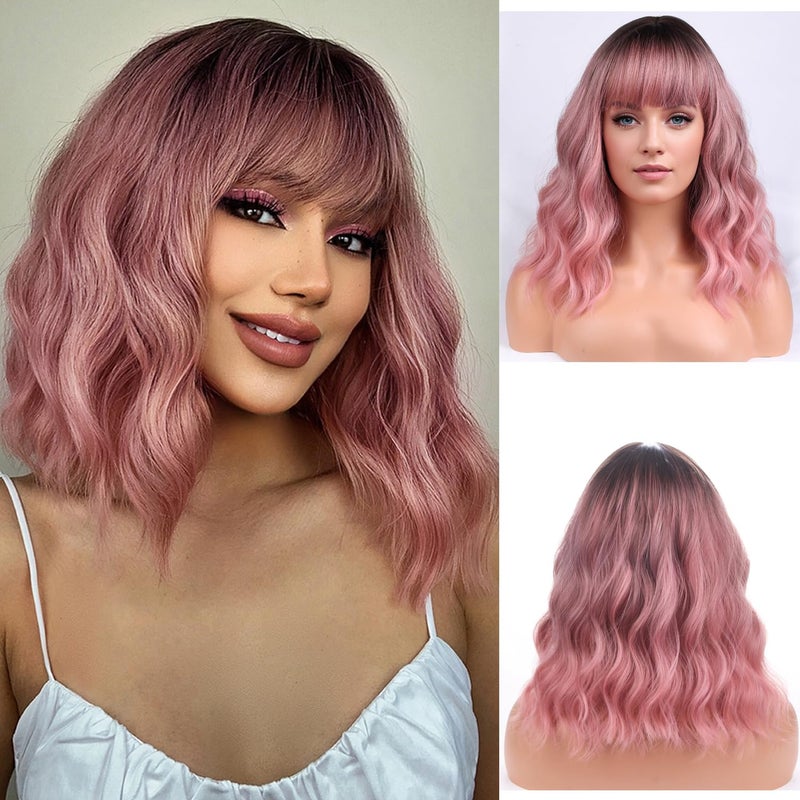 PATTNIUM Ombre Pink Wig with Bangs for Women Shoulder Length Short Wavy Curly Pink Bob Wigs 12 Heat Resistant Synthetic Wig Ombre Pink
