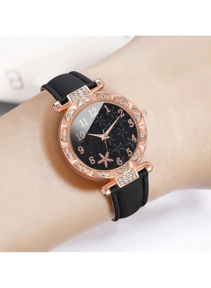 5 Piece Set Elegant Women's Black and Gold Leather Strap Quartz Watch with Butterfly Design Necklace, Bracelet, Ring and Earrings Set Suitable for Daily, Party and Holiday Wear - Image 2