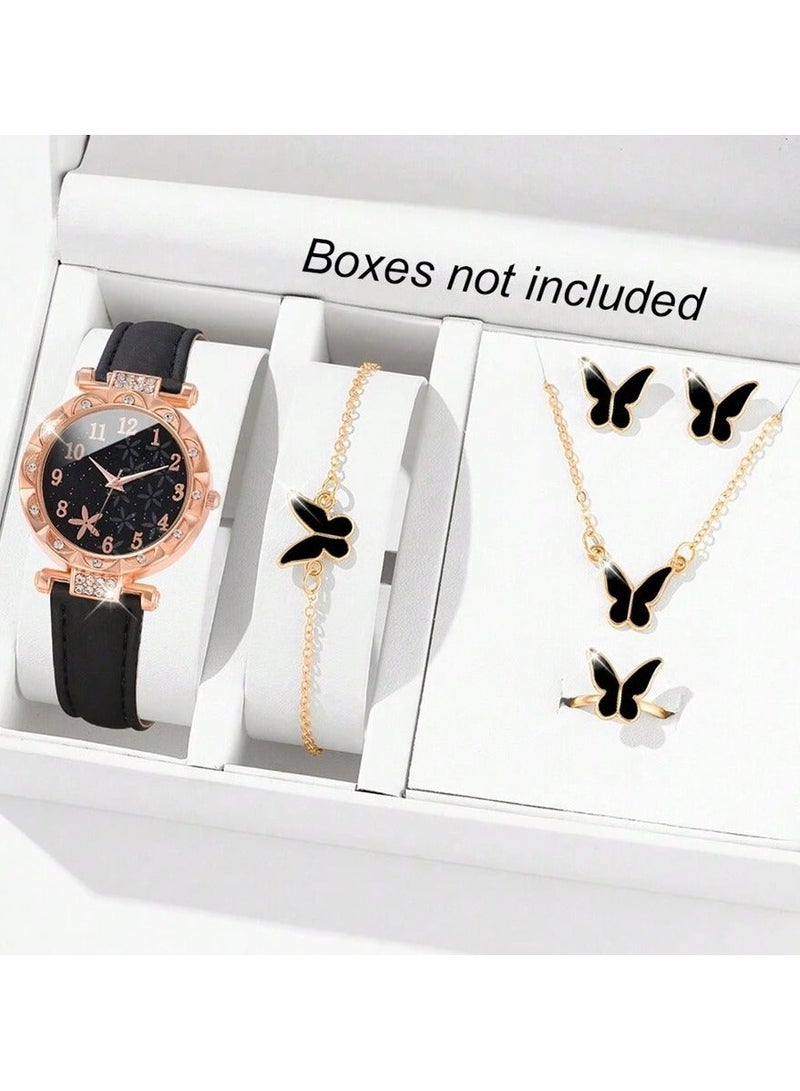 5 Piece Set Elegant Women's Black and Gold Leather Strap Quartz Watch with Butterfly Design Necklace, Bracelet, Ring and Earrings Set Suitable for Daily, Party and Holiday Wear - Image 1