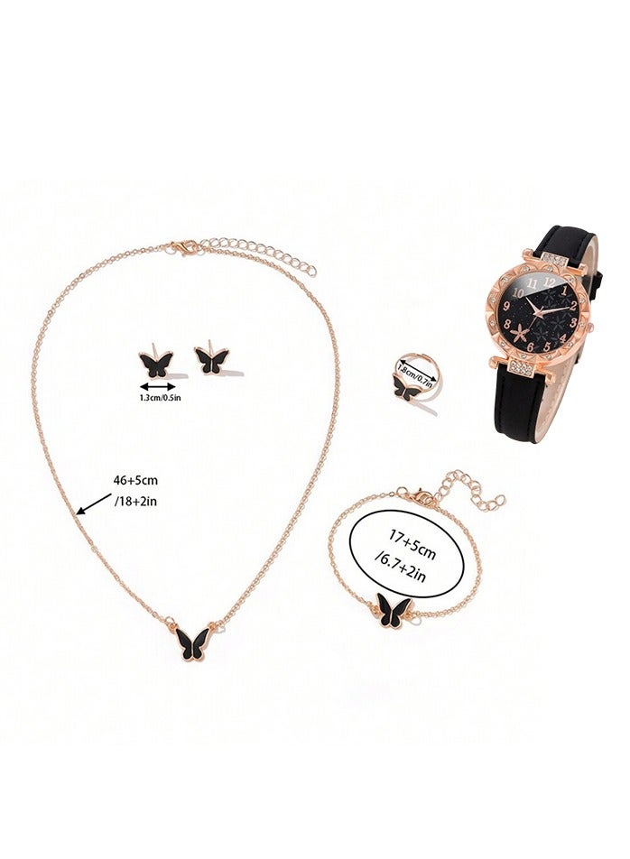 5 Piece Set Elegant Women's Black and Gold Leather Strap Quartz Watch with Butterfly Design Necklace, Bracelet, Ring and Earrings Set Suitable for Daily, Party and Holiday Wear - Image 3