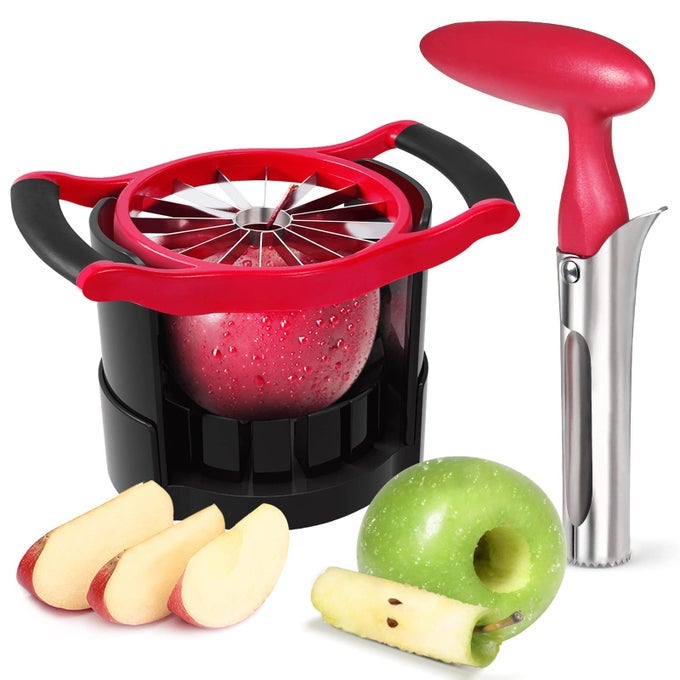 APPLE CUTTER SLICER UPGRADED CUT APPLES ALL THE WAY THROUGH LARGE SIZE 16 SLICES HEAVY DUTY APPLE AND PEAR CORER DIVIDER WITH BASE STAINLESS STEEL KITCHEN TOOLS FRUITS PEELER WEDGER