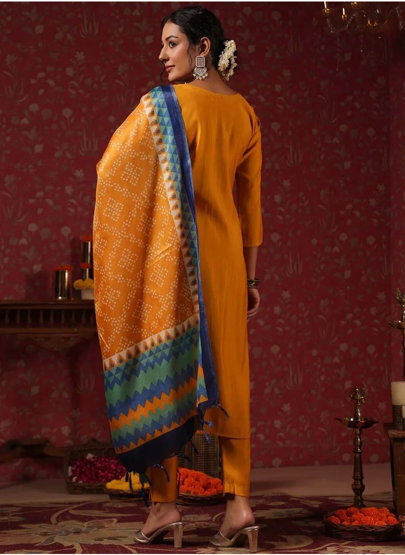 آي شين Mustard Kurta Set Straight Fit 3/4 Sleeve Sleeve made from Poly Silk featuring Self Design design and Round Neck neckline - Perfect for Ethinic!