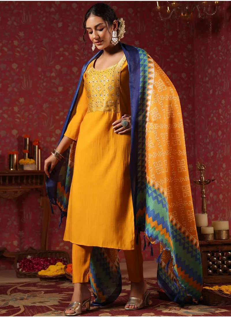آي شين Mustard Kurta Set Straight Fit 3/4 Sleeve Sleeve made from Poly Silk featuring Self Design design and Round Neck neckline - Perfect for Ethinic!