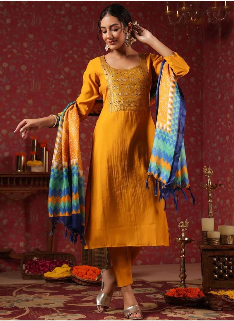 آي شين Mustard Kurta Set Straight Fit 3/4 Sleeve Sleeve made from Poly Silk featuring Self Design design and Round Neck neckline - Perfect for Ethinic!