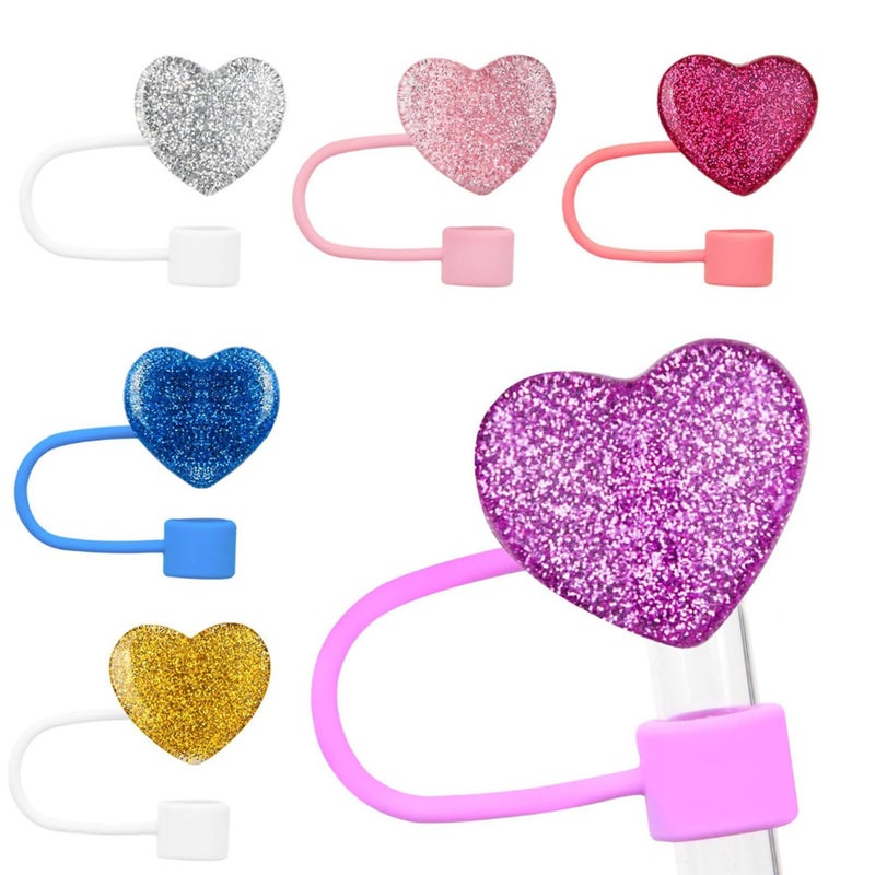 UCCASA 6Pcs Valentine's Day Straw Toppers 10mm Glitter Heart Silicone Straw Covers - Image 1