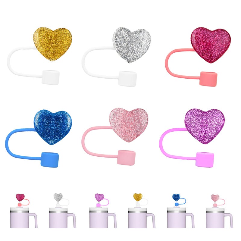 UCCASA 6Pcs Valentine's Day Straw Toppers 10mm Glitter Heart Silicone Straw Covers - Image 4