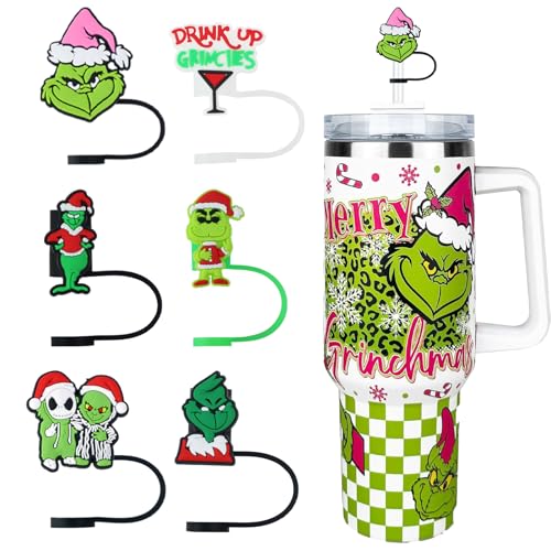 ZERCEJC 6 PCS Christmas Straw Cover Cap for Stanley Cup，Xmas Straw Toppers Compatible with Stanley 30&40 Oz Tumbler，Reusable Silicone Straw Tips Lids for Stanley Cup Accessories - Image 1