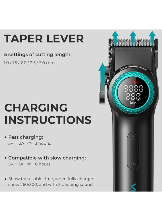 VGR 001 Professional Hair Clippers for Men, Cordless Barber Clippers for Hair Cutting, Carbon Steel Blade Hair Trimmers for Barbers, 9000RPM, LED Display, Black - Image 3