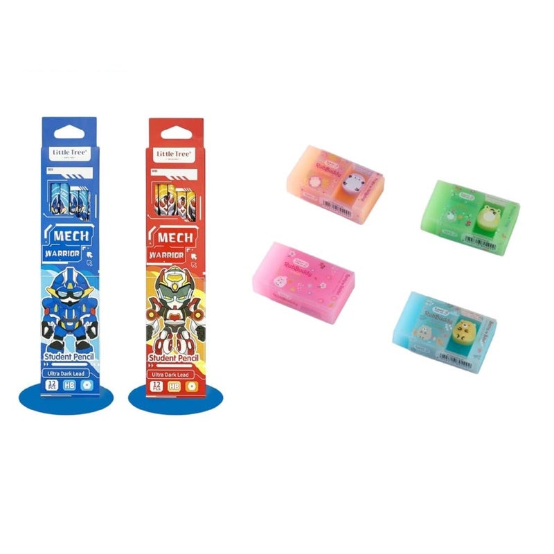 DEOXY 24 Pcs Pencil And 4 Vibrant Colours Rub-A-Long Eraser For Kids,Stationary Set, Rubber Eraser, Kawaii Erasers, Fancy Erasers For Birthday Return Gift (Pencil + E3202), Multi-Color - Image 1