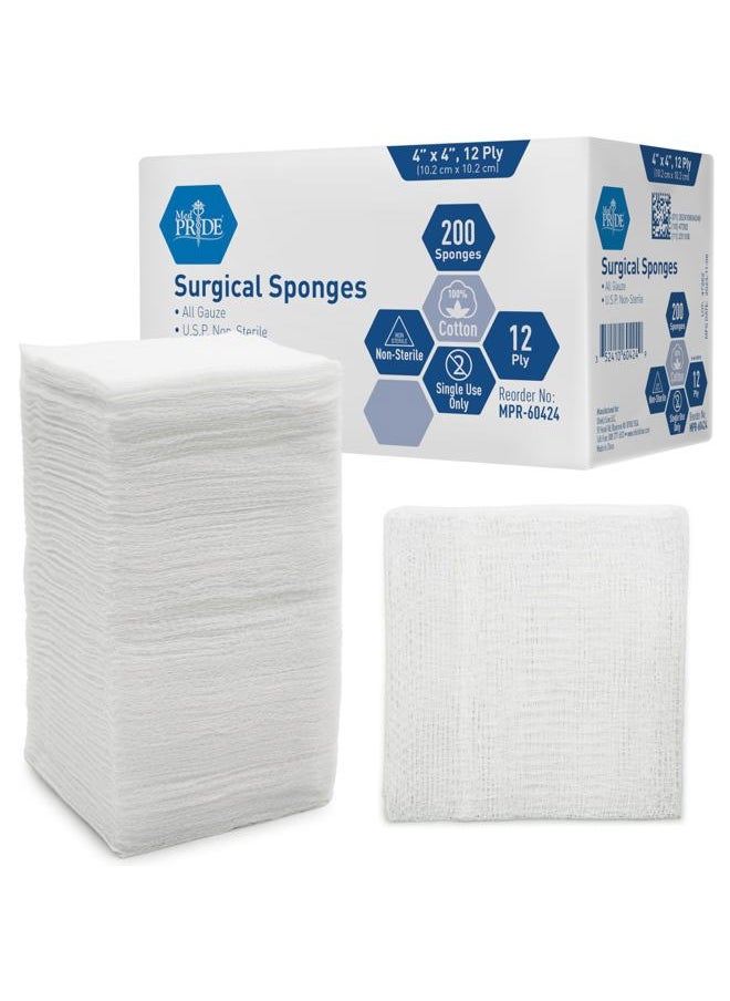 MED PRIDE - 4”x 4” Gauze, 200 Surgical Sponges 12-ply Extra Absorbent | All-Gauze, Non-Sterile| Great for Wound Dressing, Prepping, Scrubbing & Cleaning| Essential First-Aid - Image 1