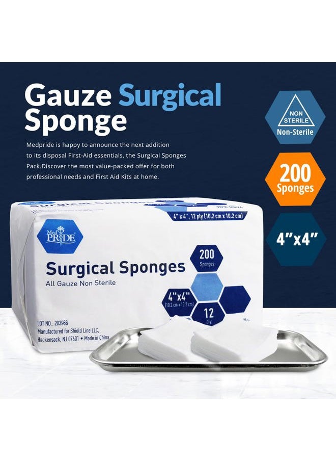MED PRIDE - 4”x 4” Gauze, 200 Surgical Sponges 12-ply Extra Absorbent | All-Gauze, Non-Sterile| Great for Wound Dressing, Prepping, Scrubbing & Cleaning| Essential First-Aid - Image 1