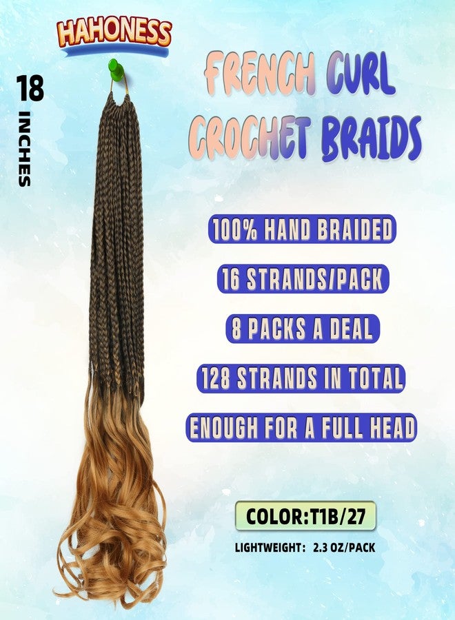 hahoness French Curl Crochet Braids for Black Women-18 Inches 8 Packs Goddess Box Braids,Ombre Blonde Soft Pre Looped Braided Synthetic Hair Extensions with Curly Wavy Ends(18"-8 Packs,T1B/27) - Image 2