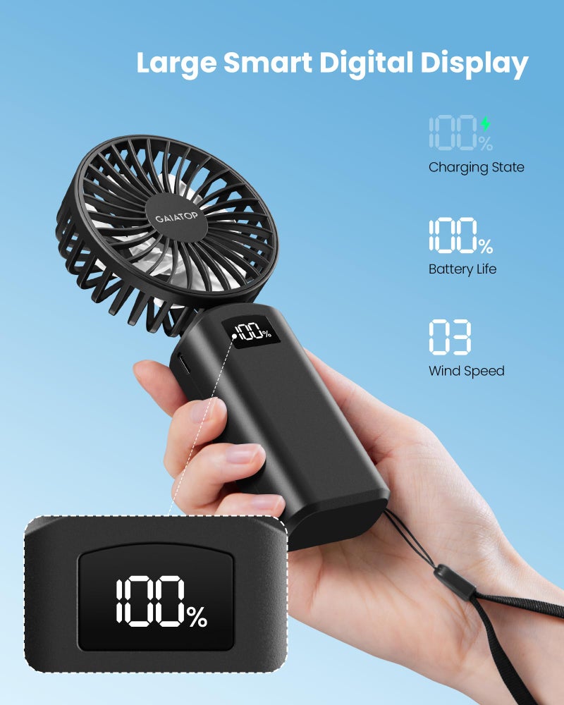 Gaiatop Powerful Hand Fan, Portable Personal Fan Handheld Fan, 3 Speed Foldable Desk Fan with Digital Display, 2000mAh USB Rechargeable Fan for Indoor Outdoor - Image 2