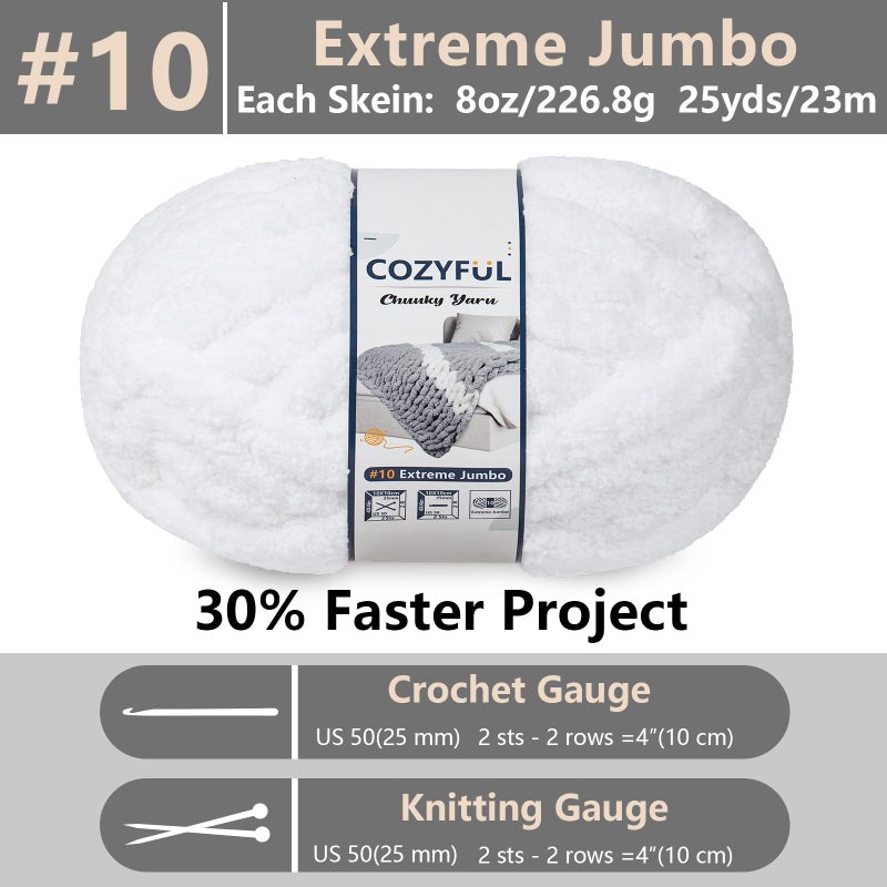 Cozyful Chunky Yarn for Hand Knitting - #10 Chunky Chenille Yarn, Jumbo Big Thick Chunky Yarns for Crocheting, Super Bulky Chunky Knit Blanket Yarns, 8 Skein (25 yds 8 oz Each Skein), Pure White - Image 2