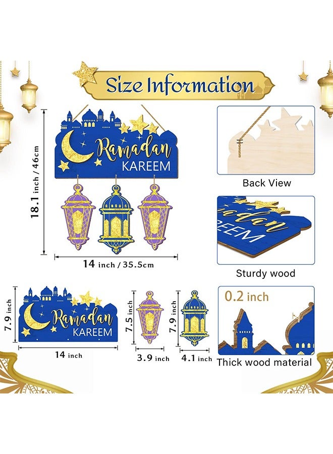 لافتة باب رمضان كريم، ديكورات رمضان مبارك للديكور المنزلي، زينة خشبية معلقة، لافتة خشبية على شكل قمر عيد مبارك للباب والجدار الإسلامي باللونين الأزرق والأرجواني - Image 2