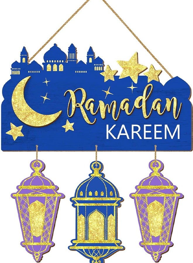 لافتة باب رمضان كريم، ديكورات رمضان مبارك للديكور المنزلي، زينة خشبية معلقة، لافتة خشبية على شكل قمر عيد مبارك للباب والجدار الإسلامي باللونين الأزرق والأرجواني - Image 1