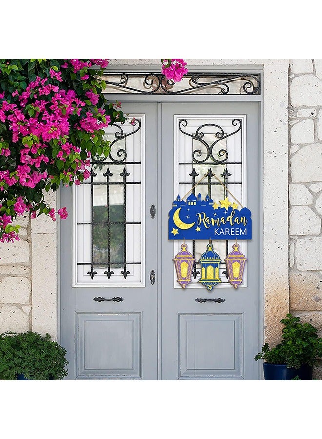 لافتة باب رمضان كريم، ديكورات رمضان مبارك للديكور المنزلي، زينة خشبية معلقة، لافتة خشبية على شكل قمر عيد مبارك للباب والجدار الإسلامي باللونين الأزرق والأرجواني - Image 3