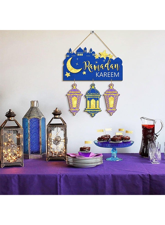 لافتة باب رمضان كريم، ديكورات رمضان مبارك للديكور المنزلي، زينة خشبية معلقة، لافتة خشبية على شكل قمر عيد مبارك للباب والجدار الإسلامي باللونين الأزرق والأرجواني - Image 4