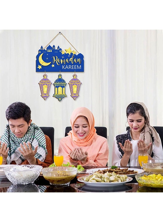 لافتة باب رمضان كريم، ديكورات رمضان مبارك للديكور المنزلي، زينة خشبية معلقة، لافتة خشبية على شكل قمر عيد مبارك للباب والجدار الإسلامي باللونين الأزرق والأرجواني - Image 5