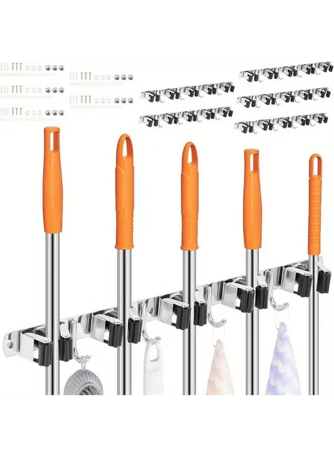 5 Racks 4 Hooks Stainless Steel Broom Mop Holder Wall Mount Anti Slip Storage Organizer - Image 1