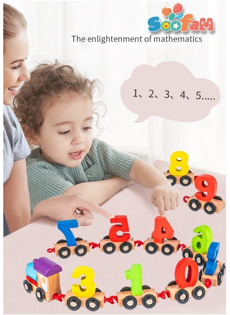 Soofam - 11 Pieces Wooden Train Cars Set with Numbers,Count & Color Montessori Educational Toys for Toddlers - Image 1