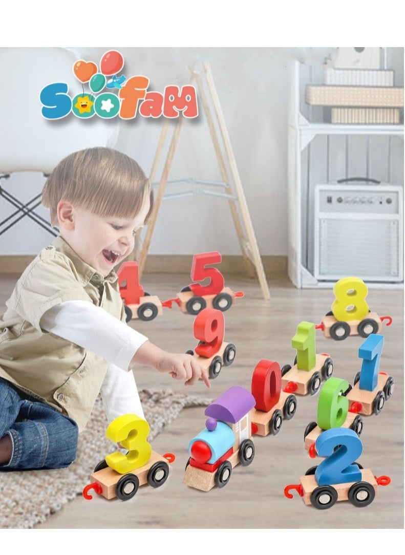 Soofam - 11 Pieces Wooden Train Cars Set with Numbers,Count & Color Montessori Educational Toys for Toddlers - Image 1
