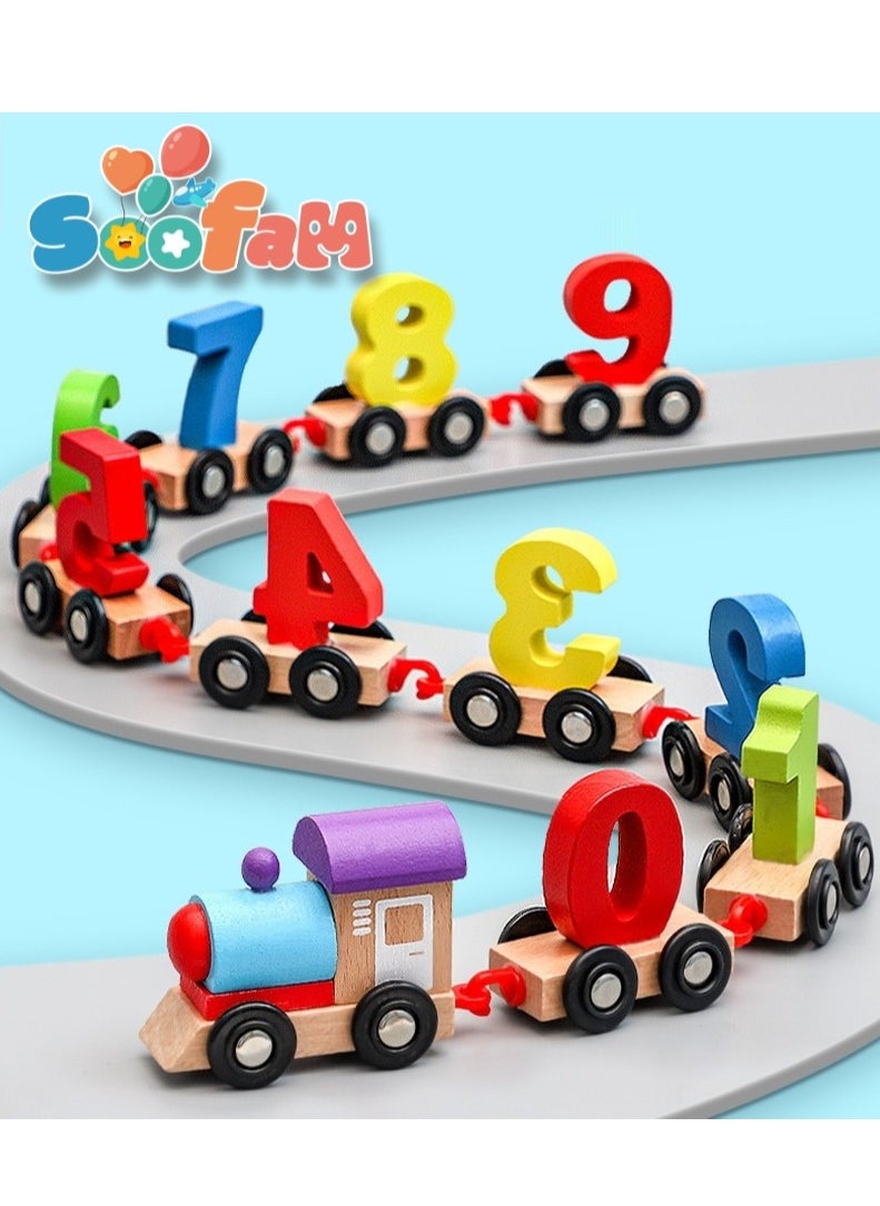 Soofam - 11 Pieces Wooden Train Cars Set with Numbers,Count & Color Montessori Educational Toys for Toddlers - Image 1
