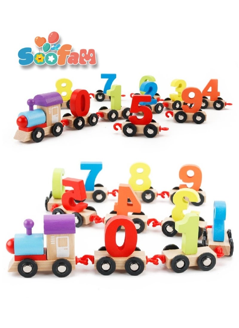 Soofam - 11 Pieces Wooden Train Cars Set with Numbers,Count & Color Montessori Educational Toys for Toddlers - Image 1