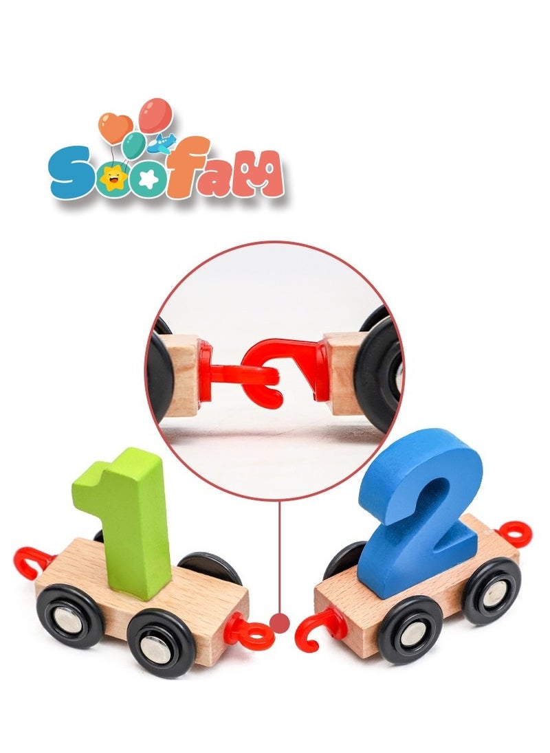 Soofam - 11 Pieces Wooden Train Cars Set with Numbers,Count & Color Montessori Educational Toys for Toddlers - Image 1