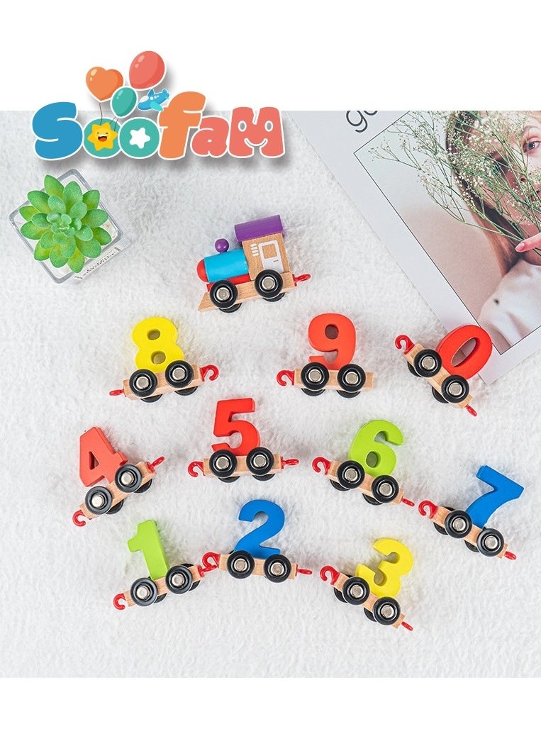 Soofam - 11 Pieces Wooden Train Cars Set with Numbers,Count & Color Montessori Educational Toys for Toddlers - Image 1