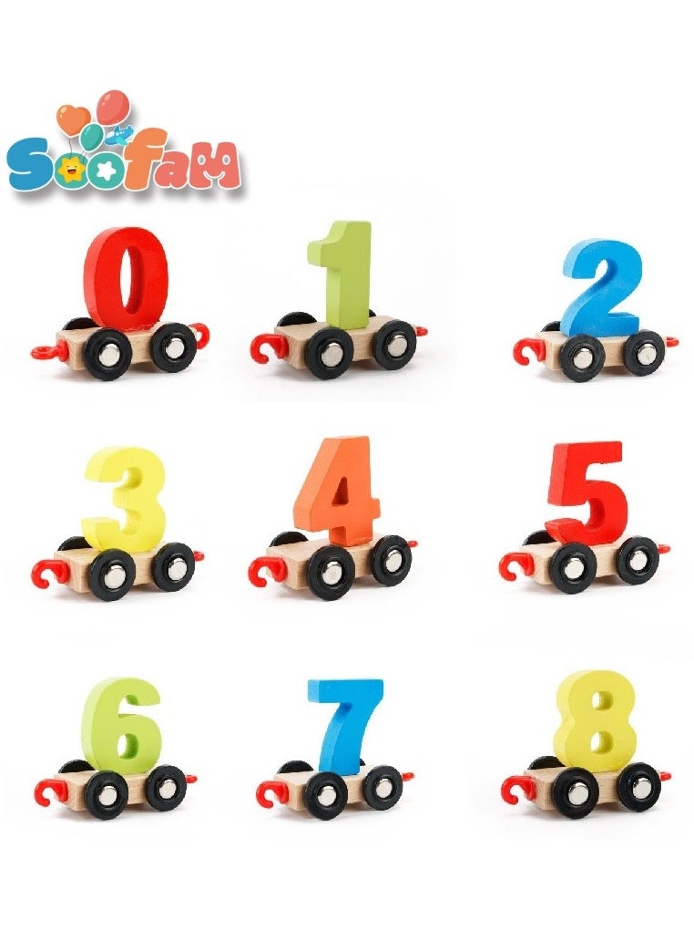 Soofam - 11 Pieces Wooden Train Cars Set with Numbers,Count & Color Montessori Educational Toys for Toddlers - Image 1