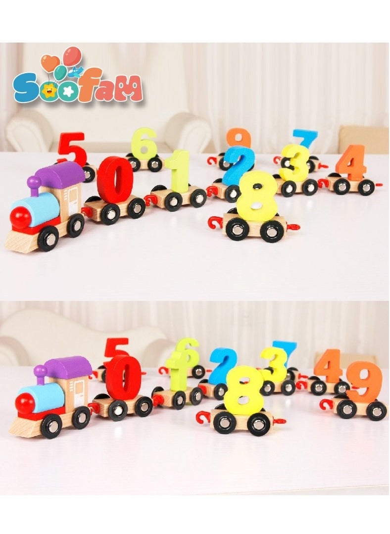 Soofam - 11 Pieces Wooden Train Cars Set with Numbers,Count & Color Montessori Educational Toys for Toddlers - Image 1
