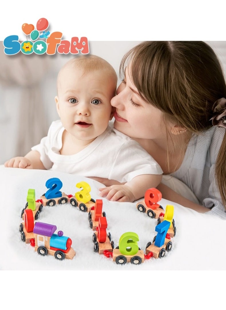 Soofam - 11 Pieces Wooden Train Cars Set with Numbers,Count & Color Montessori Educational Toys for Toddlers - Image 1