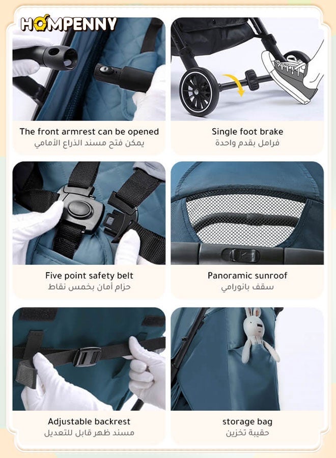 Hompenny Lightweight Travel Baby Stroller – One-Click Folding, Extra-Thick Seat Cushion, Cabin-Approved, Adjustable Backrest & Canopy, 360° Swivel Front Wheels, Suitable for 0–6 Years, Supports up to 60KG - Image 5