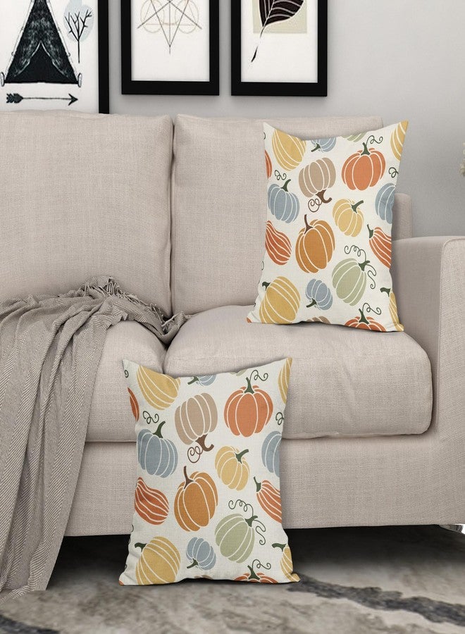 Aytipun Fall Pillow Covers 18x18 Set of 2 Thanksgiving Themed Blue Yellow Orange Pumpkin Print Decorative Throw Pillows Outdoor Autumn Harvest PillowCase Farmhouse Linen Cushion Case Decor for Sofa Couch Bed - Image 3