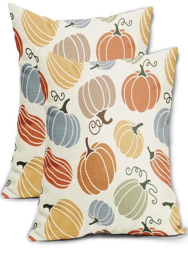 Aytipun Fall Pillow Covers 18x18 Set of 2 Thanksgiving Themed Blue Yellow Orange Pumpkin Print Decorative Throw Pillows Outdoor Autumn Harvest PillowCase Farmhouse Linen Cushion Case Decor for Sofa Couch Bed - Image 1