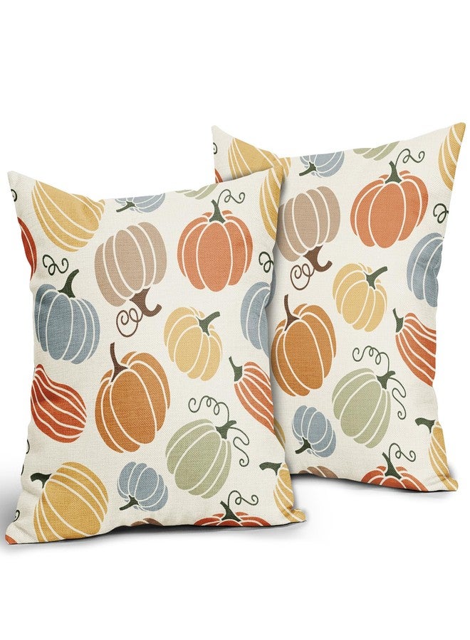 Aytipun Fall Pillow Covers 18x18 Set of 2 Thanksgiving Themed Blue Yellow Orange Pumpkin Print Decorative Throw Pillows Outdoor Autumn Harvest PillowCase Farmhouse Linen Cushion Case Decor for Sofa Couch Bed - Image 2