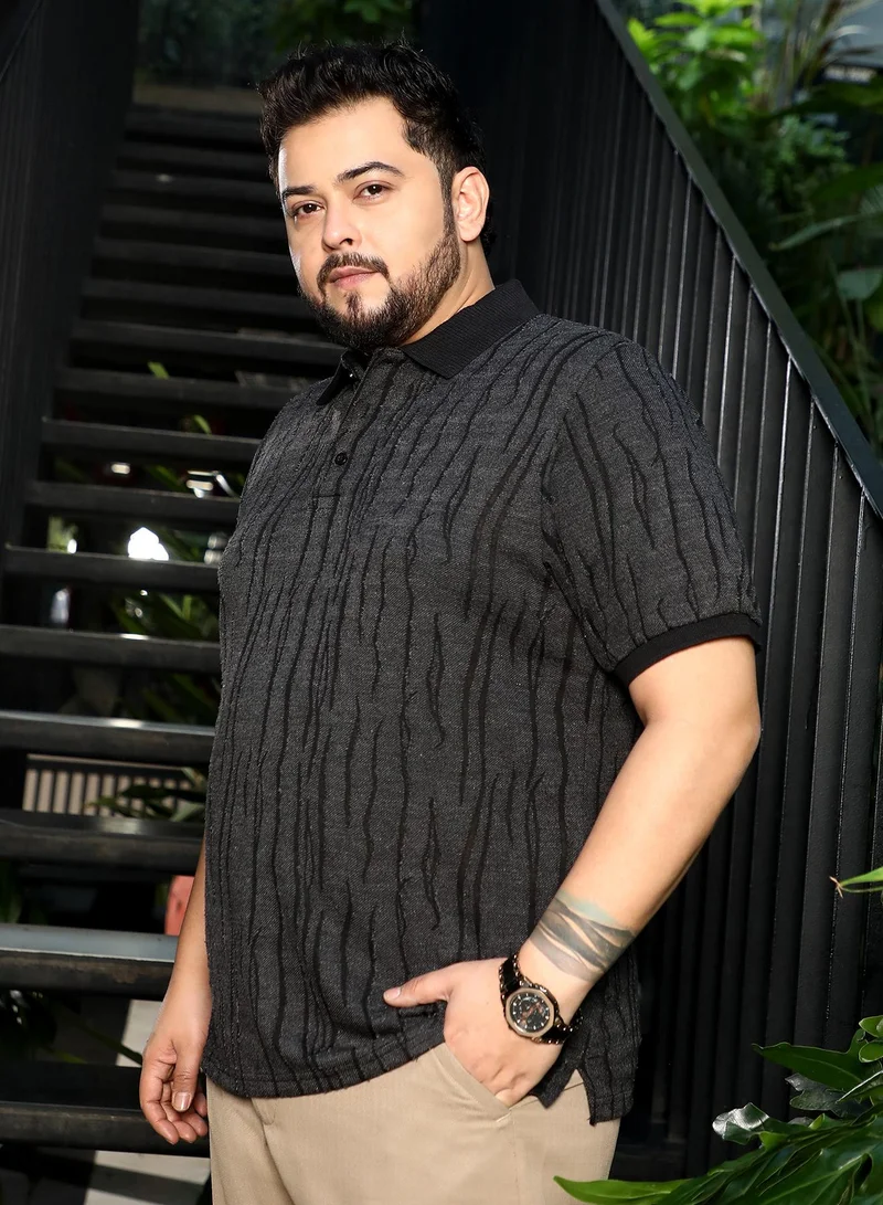 Instafab Plus  Men's Midnight Black Crevice-Jacquard Polo T-Shirt for Men | Best Price UAE