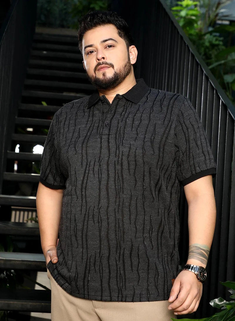انستافاب بلس Men Crevice-Jacquard Polo T-Shirt | Ribbed Polo Neck, Short Ribbed-Cuff Sleeves | Half-Button, Straight Hem | Abstract Jacquard Knit Fabric For Plus Size Casual & Daily Wear | Black