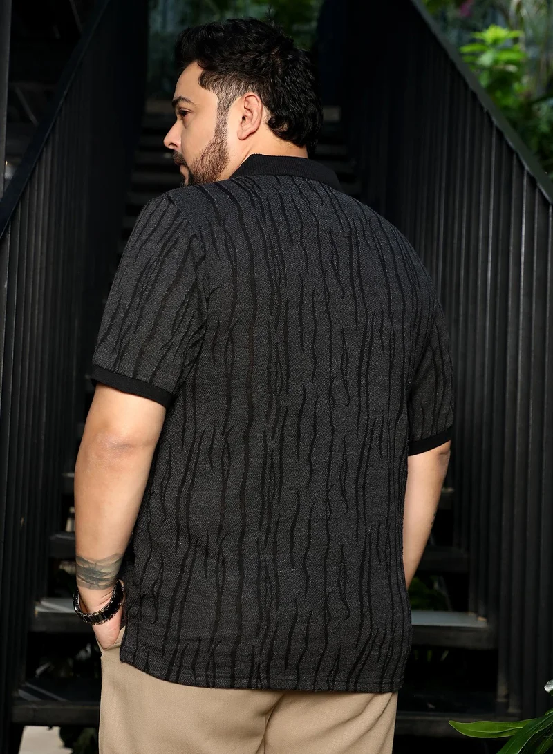 Instafab Plus  Men's Midnight Black Crevice-Jacquard Polo T-Shirt for Men | Best Price UAE