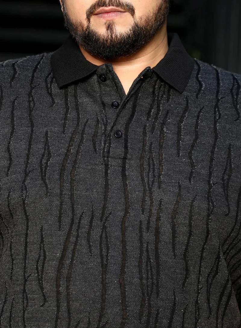 Instafab Plus  Men's Midnight Black Crevice-Jacquard Polo T-Shirt for Men | Best Price UAE