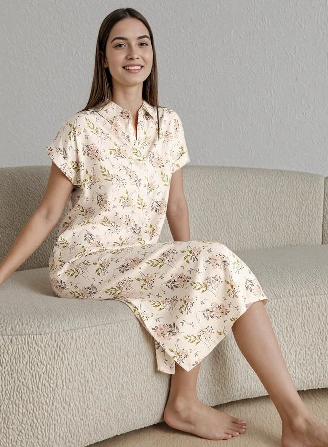 سبلاش فيڤ طقم قطعتين - فستان نوم فيسكوز متنوع بأزرار وياقة