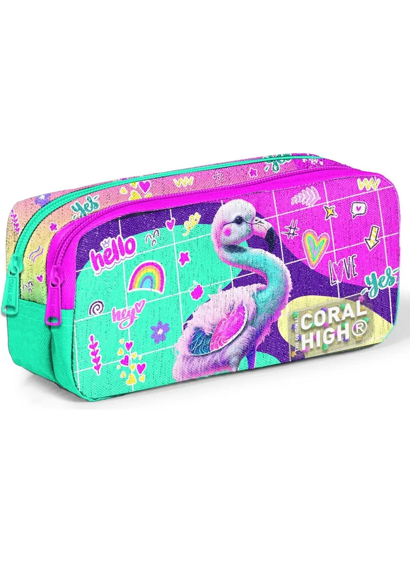 كورال هاي Kids Pink Water Green Flamingo Patterned Two Compartment Pencil Bag 12080