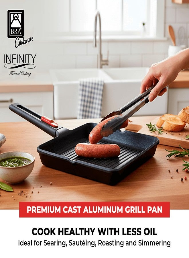 BRA COOKWARE Infinity Nonstick Ribbed Grill Pan (11x11 Inch) | Cast Aluminum Searing Skillet | PFOA/PFAS Free Square Griddle | All Cooktops (incl Induction) Grilling Skillet | Removable Handle - Image 3