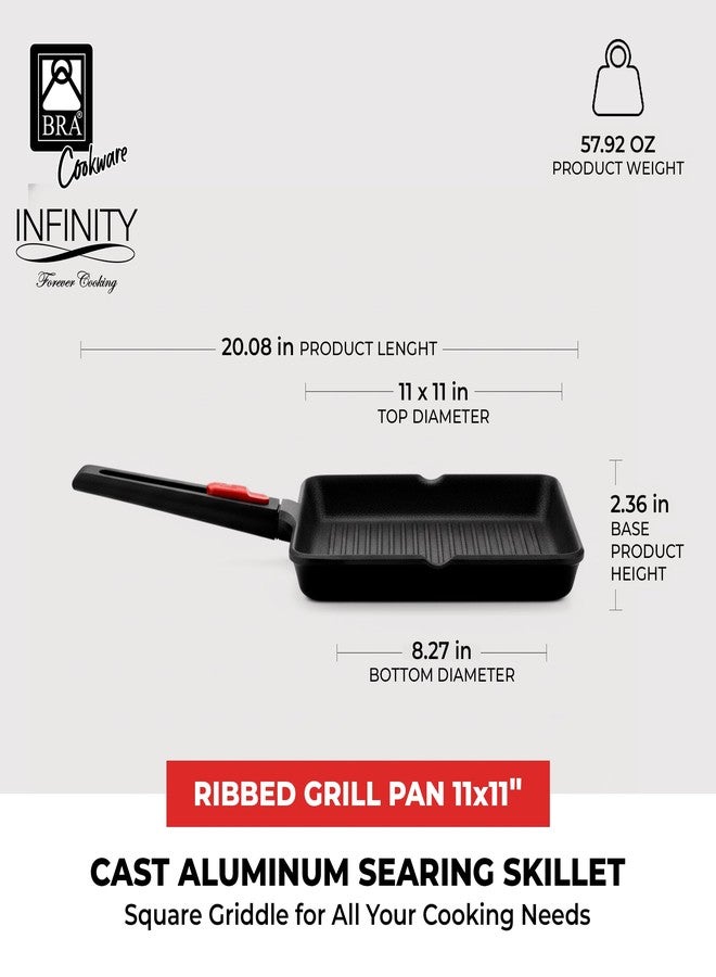 BRA COOKWARE Infinity Nonstick Ribbed Grill Pan (11x11 Inch) | Cast Aluminum Searing Skillet | PFOA/PFAS Free Square Griddle | All Cooktops (incl Induction) Grilling Skillet | Removable Handle - Image 2