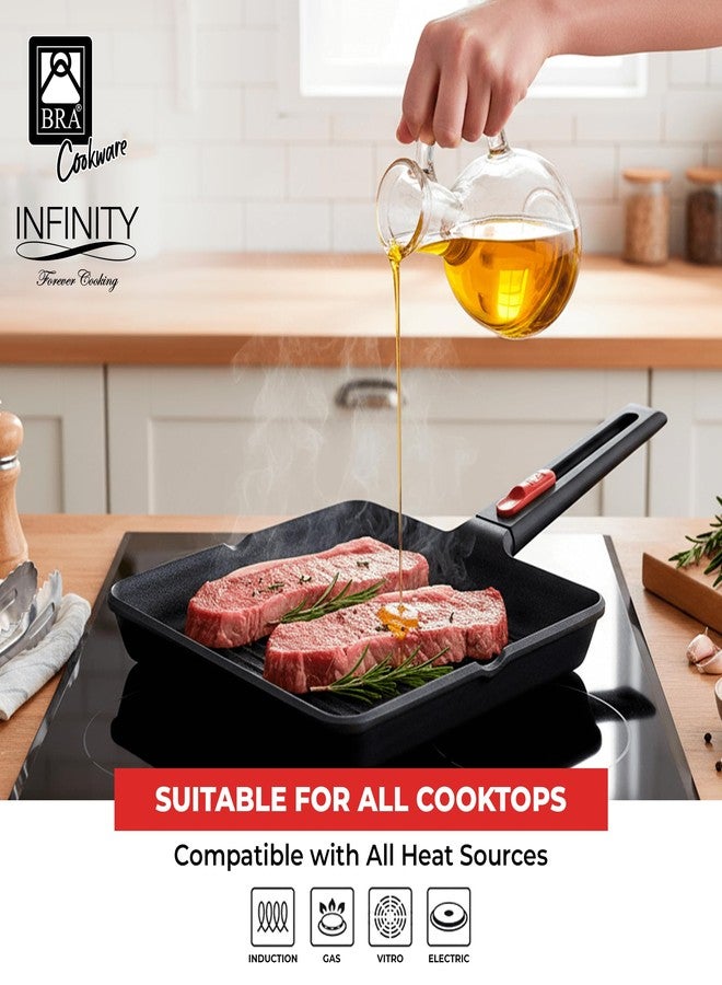 BRA COOKWARE Infinity Nonstick Ribbed Grill Pan (11x11 Inch) | Cast Aluminum Searing Skillet | PFOA/PFAS Free Square Griddle | All Cooktops (incl Induction) Grilling Skillet | Removable Handle - Image 4