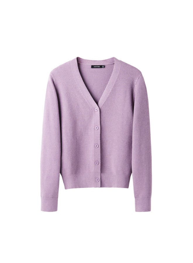 Yanyee Waffle Grid Long Sleeve V-neck Knit Sweater Women Autumn Simple Cardigan Temperament Top Purple Xxl/44 - Image 3