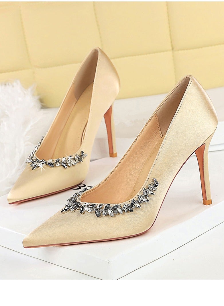 BIGTREE Women's Rhinestone Decoration Party Stiletto Pumps Satin Pointed Closed Toe High Heels Champagne 10CM