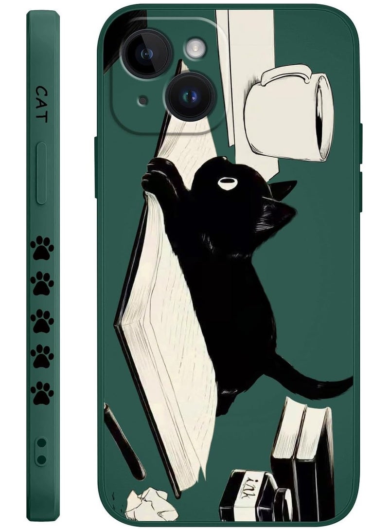 غطاء آيفون 14 بلس بتصميم نمط زهرة إبداعي، غطاء هاتف رقيق ومرن من السيليكون، مقاوم للصدمات، يناسب آيفون 14 بلس، 6.7 إنش - أخضر مع صورة قطة - Image 1